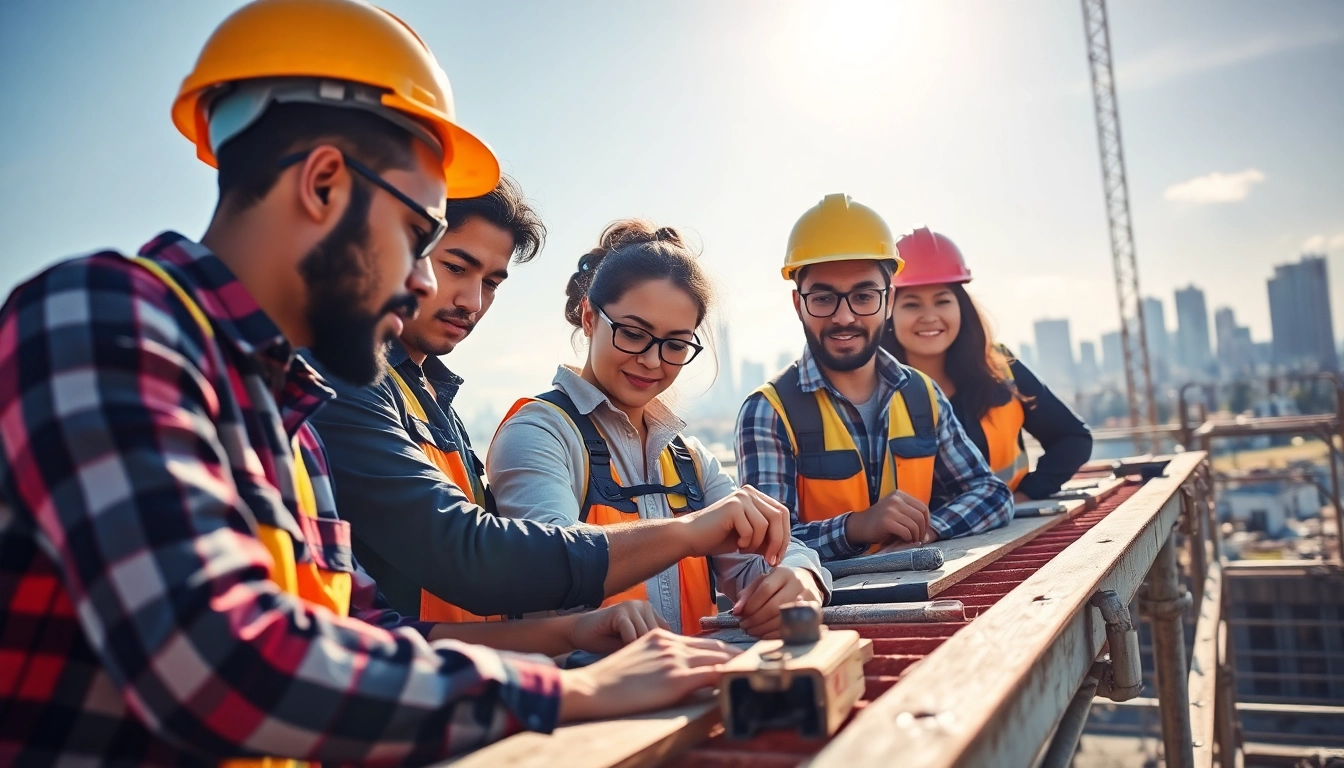 Engaged trainees learning construction apprenticeship techniques at a vibrant job site.