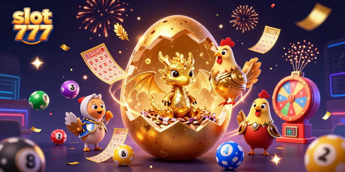 Play slot 777 and witness a golden dragon surrounded by vibrant casino elements.