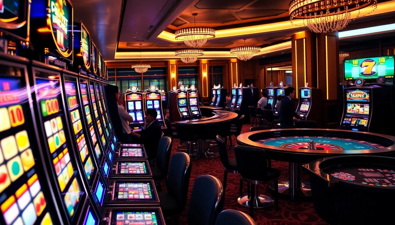 Players enjoying slot pulsa games at a vibrant casino with colorful slot machines.