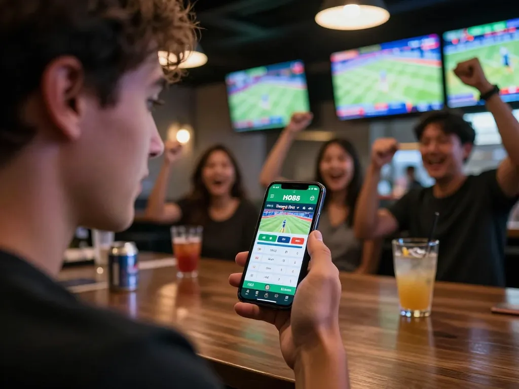Engaging in sports betting on the Trang chủ HO88 app amidst a lively bar atmosphere.