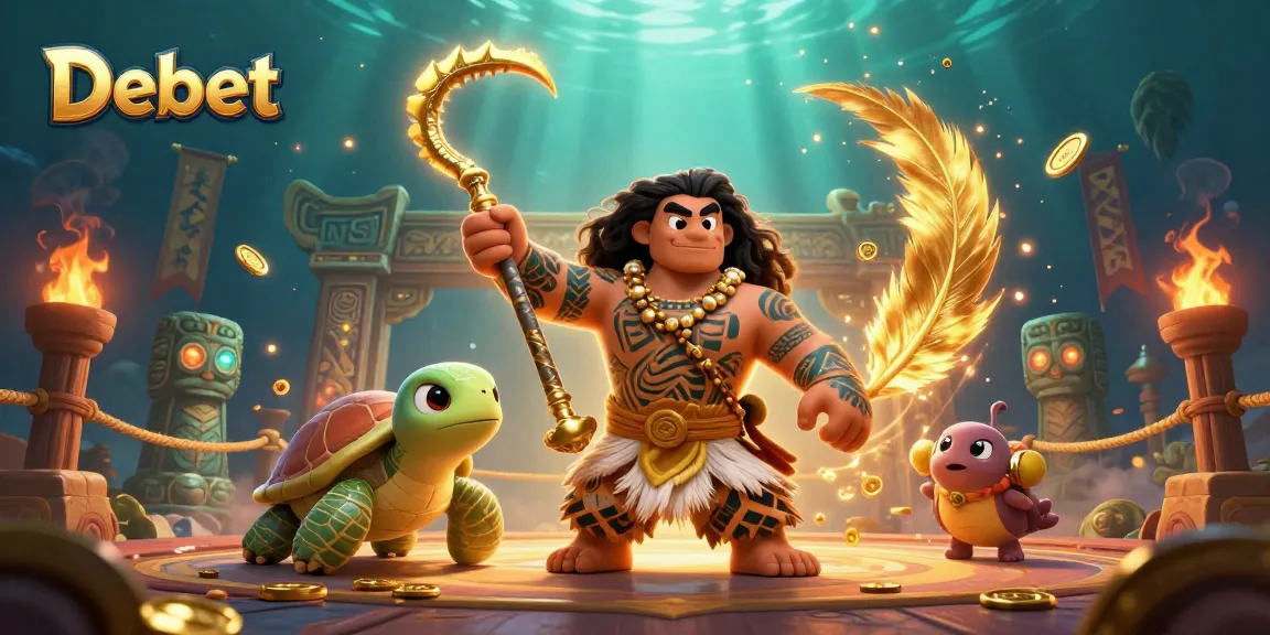 Debet showcases a vibrant scene with a demigod hawk and turtle amid swirling casino elements and gold.