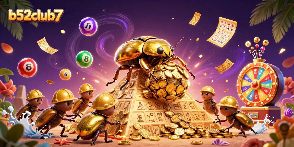 Engage with b52club7 as golden beetles roll coins, surrounded by vibrant lottery elements.