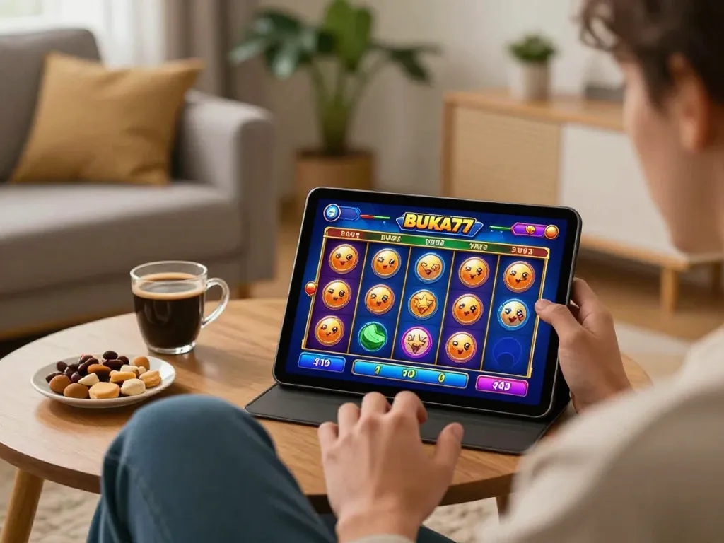 Engaging player using BUKA77 slots on tablet, showcasing vibrant game interface.