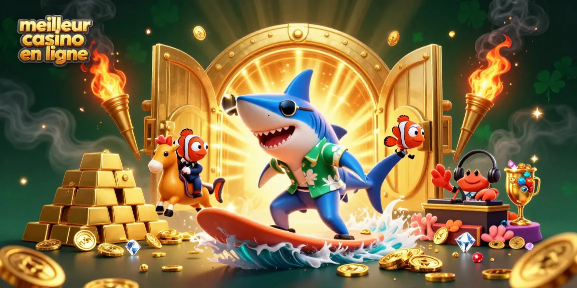 Visuel coloré du meilleur casino en ligne avec un requin et des trésors en or