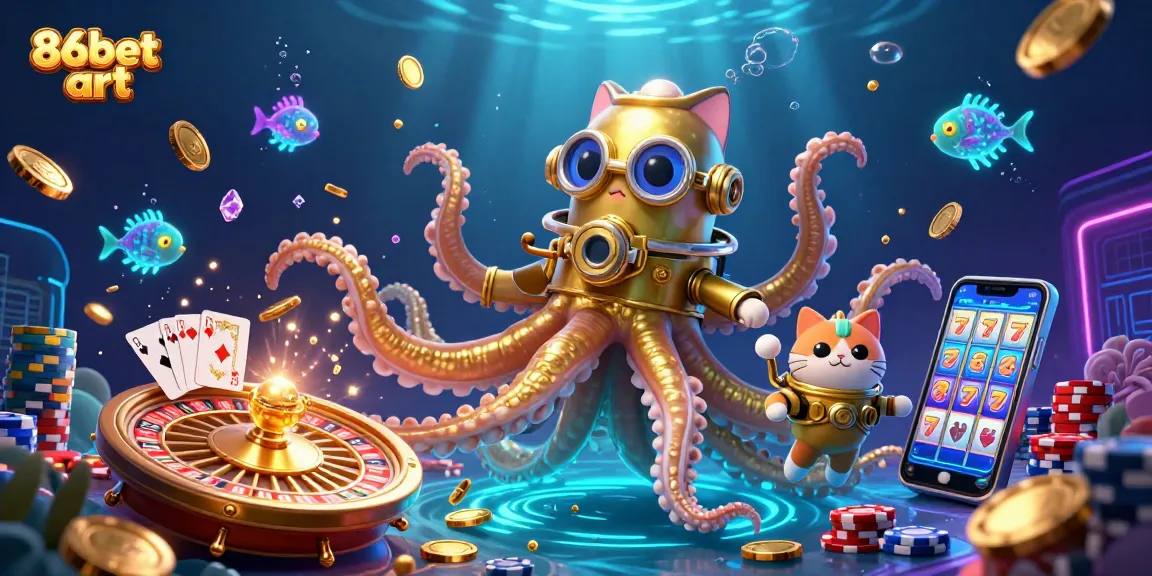 Engage in thrilling gameplay with 86bet art featuring a kraken and diving cat in an underwater casino.