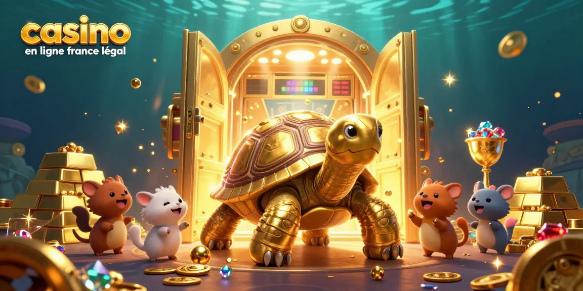 Une illustration ludique représentant la tortue dorée géante dans un casino en ligne France légal, accompagnée de joyaux et de trésors.