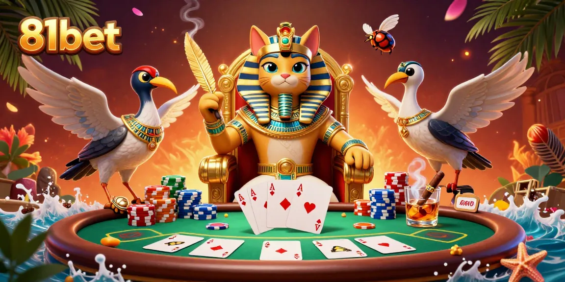 Engage in thrilling action with 81bet's vibrant 3D casino scene featuring a pharaoh cat and poker elements.