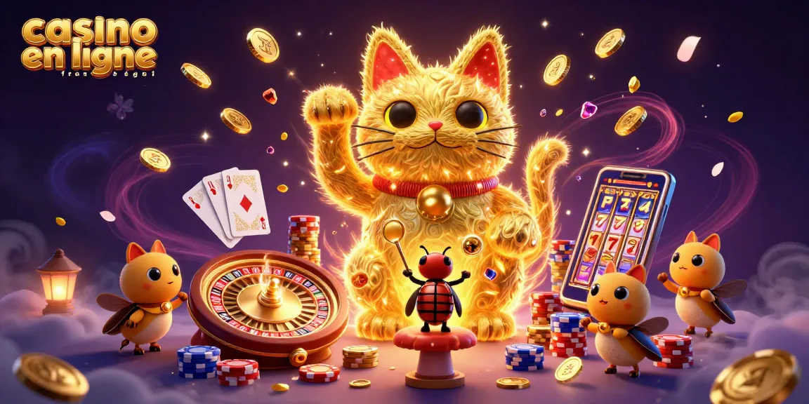 Image illustrant une scène dynamique de casino en ligne légal en France, avec un chat porte-bonheur et des symboles de jeu.