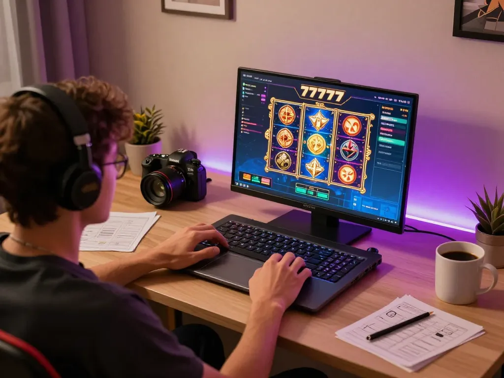 Player engaging in slot777 gacor online gaming with colorful visuals and strategic notes in cozy home setup.