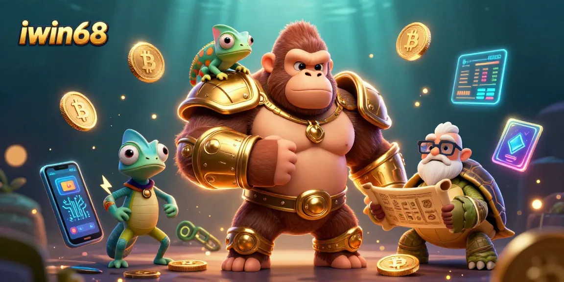 Engage with iwin68's vibrant casino world featuring a golden gorilla king and digital crypto elements.