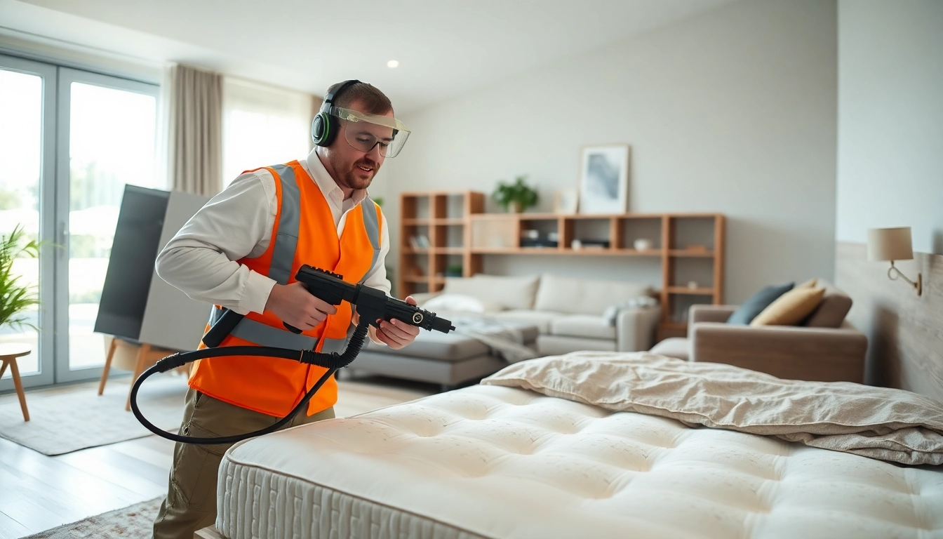 Expert conducts a thorough bed bug treatment in a tidy living room to ensure safety and cleanliness.