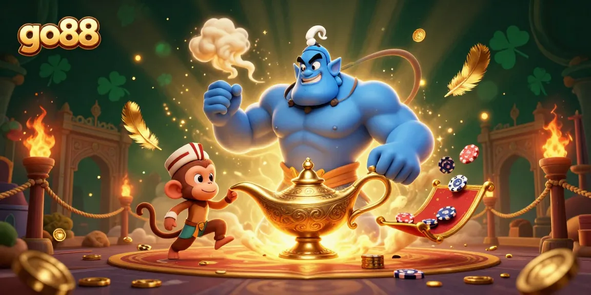 Join the excitement at go88 as the genie grants wishes amidst flying poker chips and rich gambling themes.
