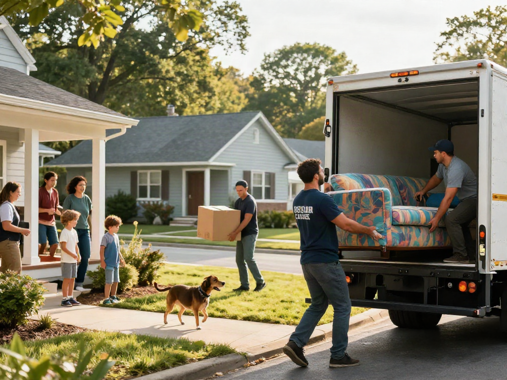 Professional movers efficiently loading a truck on a sunny Asheville moving day