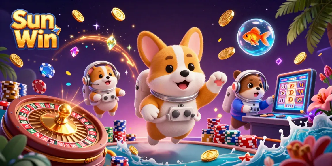 Immerse in the thrilling Sun Win experience with a corgi and friends in a cosmic casino adventure.