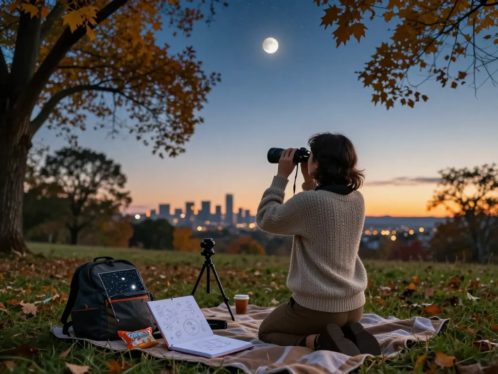 Total lunar eclipse seen by an observer with a telescope in a serene outdoor setting during twilight.