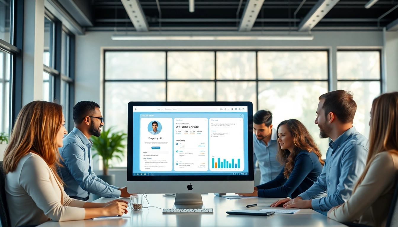 Engaged team collaborating with enterprise ai assistant interface in a modern office setting.
