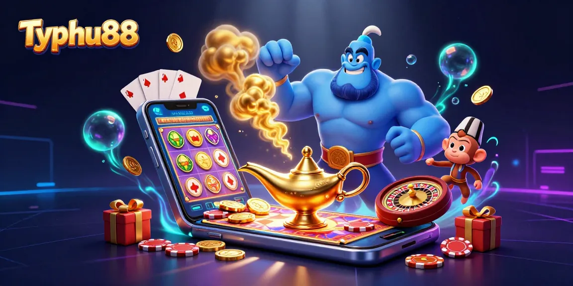 Experience thrilling games at Typhu88 with a magical scene full of slot games and poker chips.