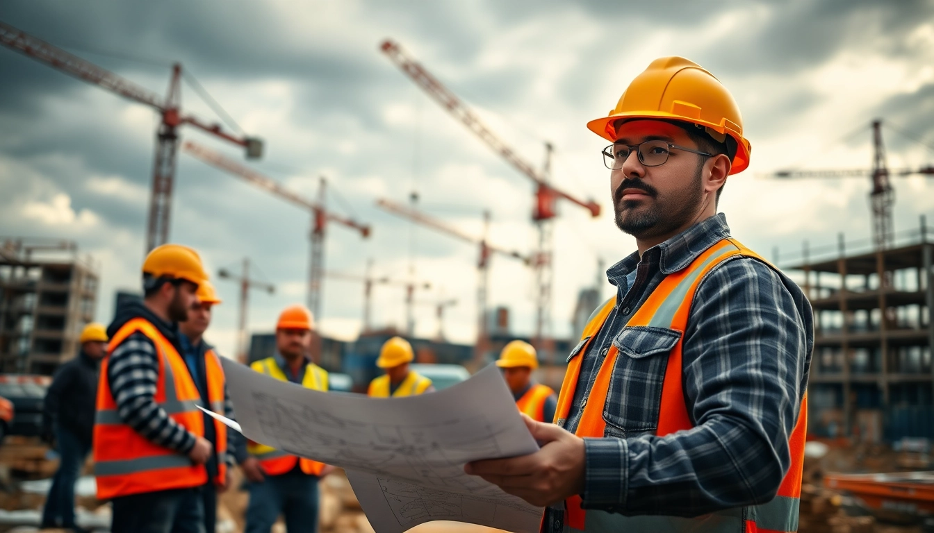 New York General Contractor leading a construction project with blueprints on-site.