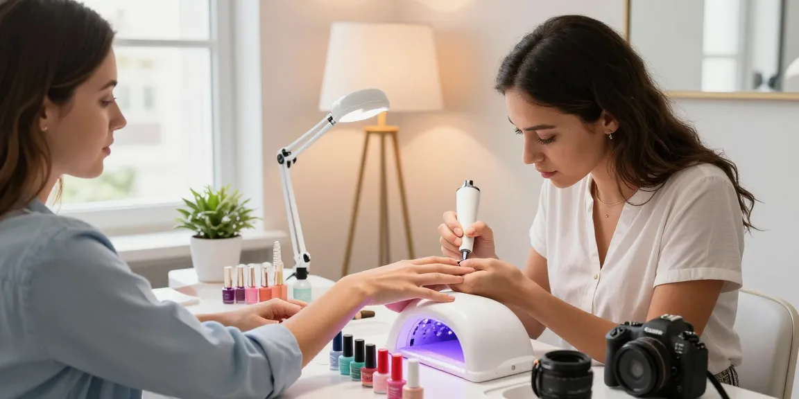 Tehnician profesionist de unghii folosind lampa UV LED unghii pentru a aplica ojă gel într-un salon elegant.
