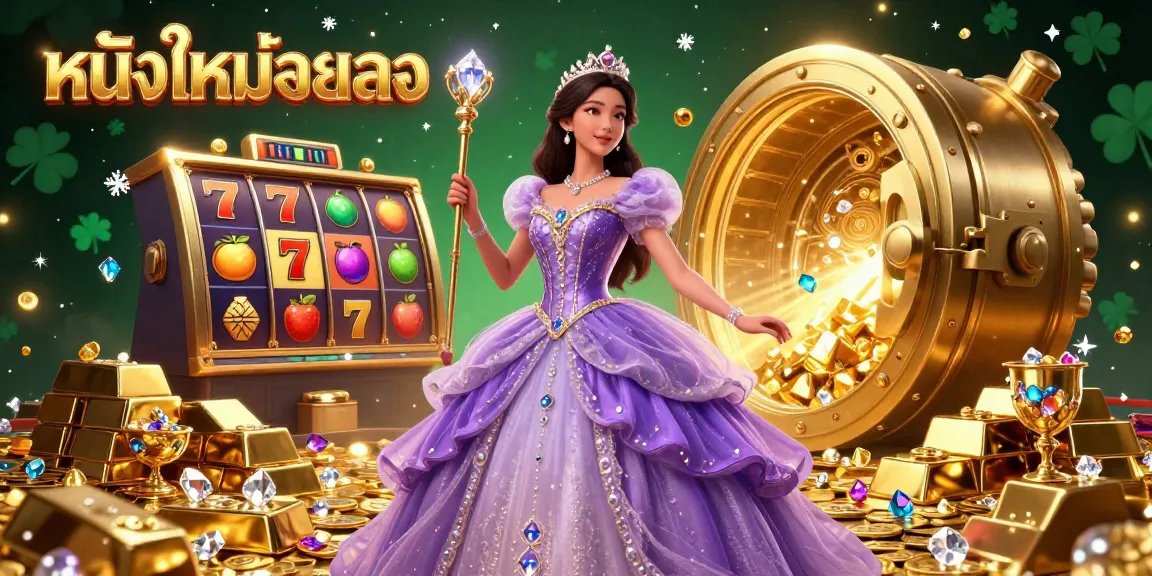 Engage with หนังใหม่ชนโรง at a vibrant casino, showcasing slot reels, golden treasures, and sparkling gems in an enchanting 3D scene.