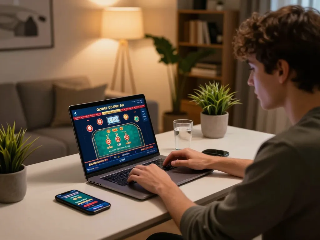Engaging in online gambling at home using the Link vào VB88 platform with a laptop setup.