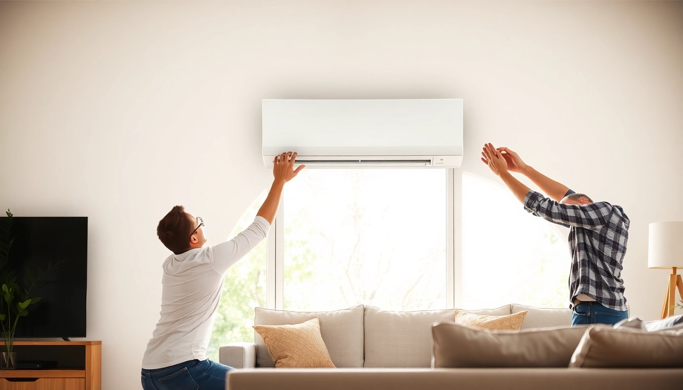Technicians installing a mitsubishi mini split ac in a contemporary living room with natural light.