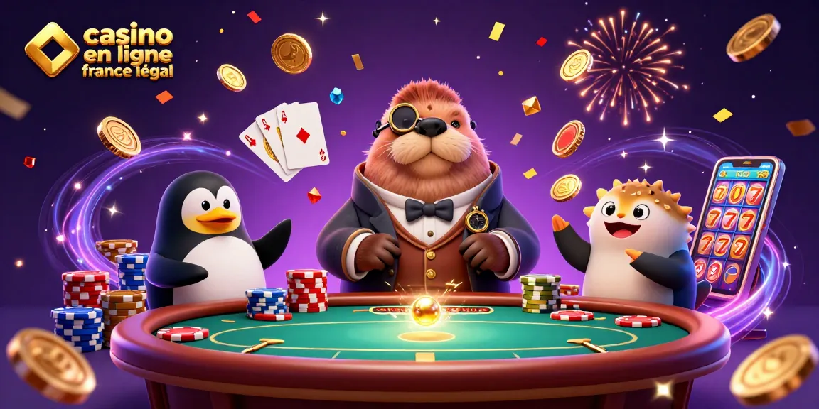 Illustration dynamique sur le thème du casino en ligne France légal avec un phoque joueur et un dealer pingouin.