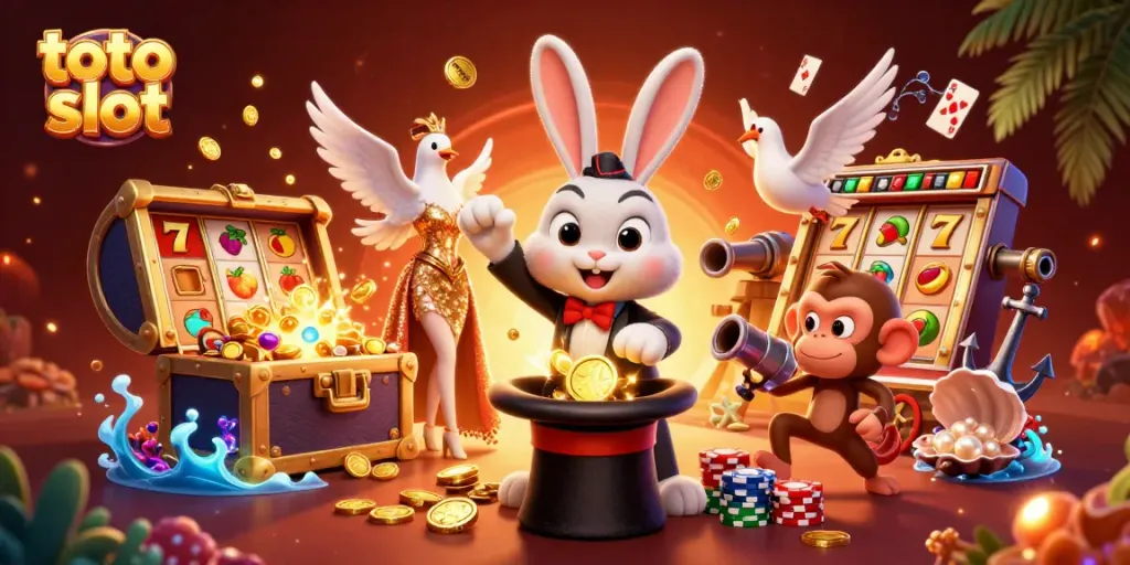Gambarkan momen seru bermain toto slot dengan karakter beruang, burung merak, dan monyet mencuri chip poker.