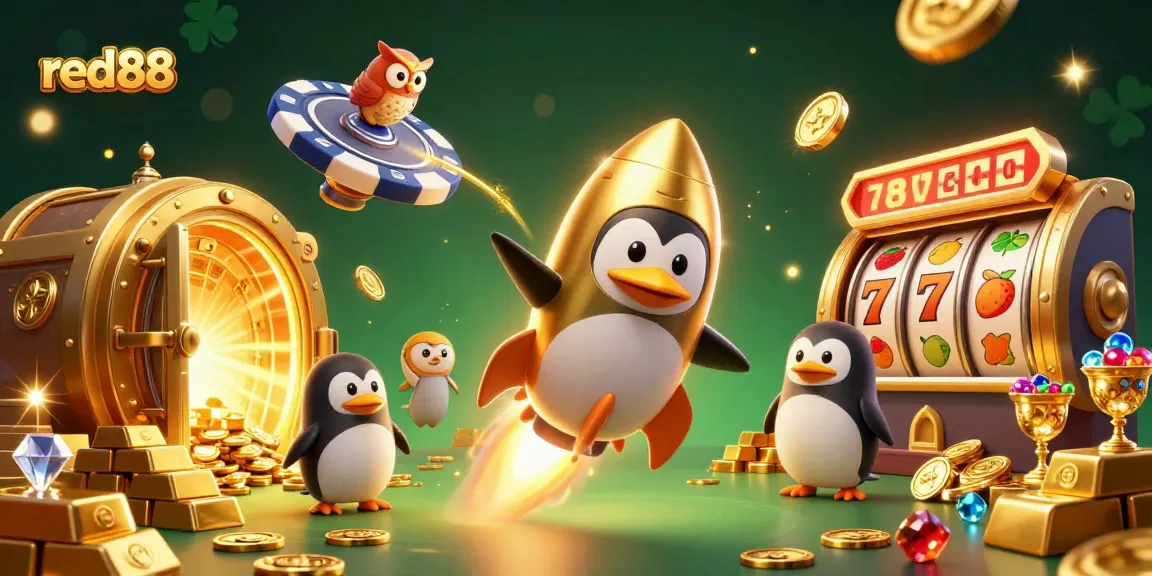 Experience excitement with red88 as a golden penguin flies to a vibrant casino