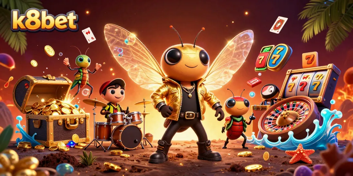 K8bet brings excitement to gaming with a dynamic scene of a cartoon cicada rock star and vibrant casino elements.