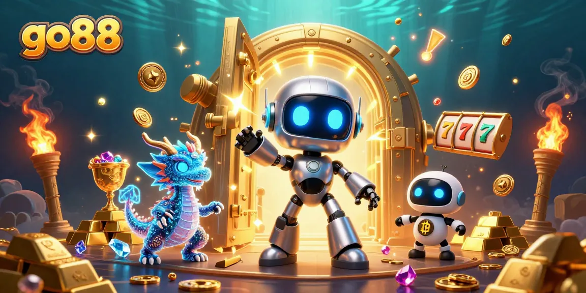Experience the thrill of go88's slots with a dazzling scene of a cyberpunk robot and treasure elements.