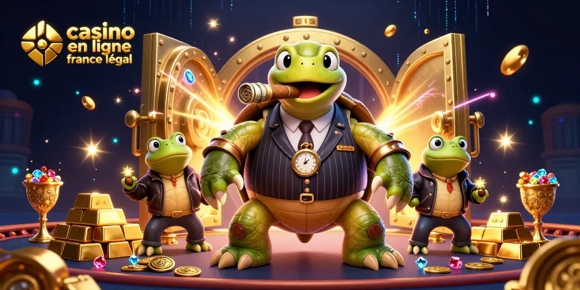 Plongez dans l'univers du casino en ligne légal en France avec cette illustration de tortue géante et ses complices sur une scène animée.