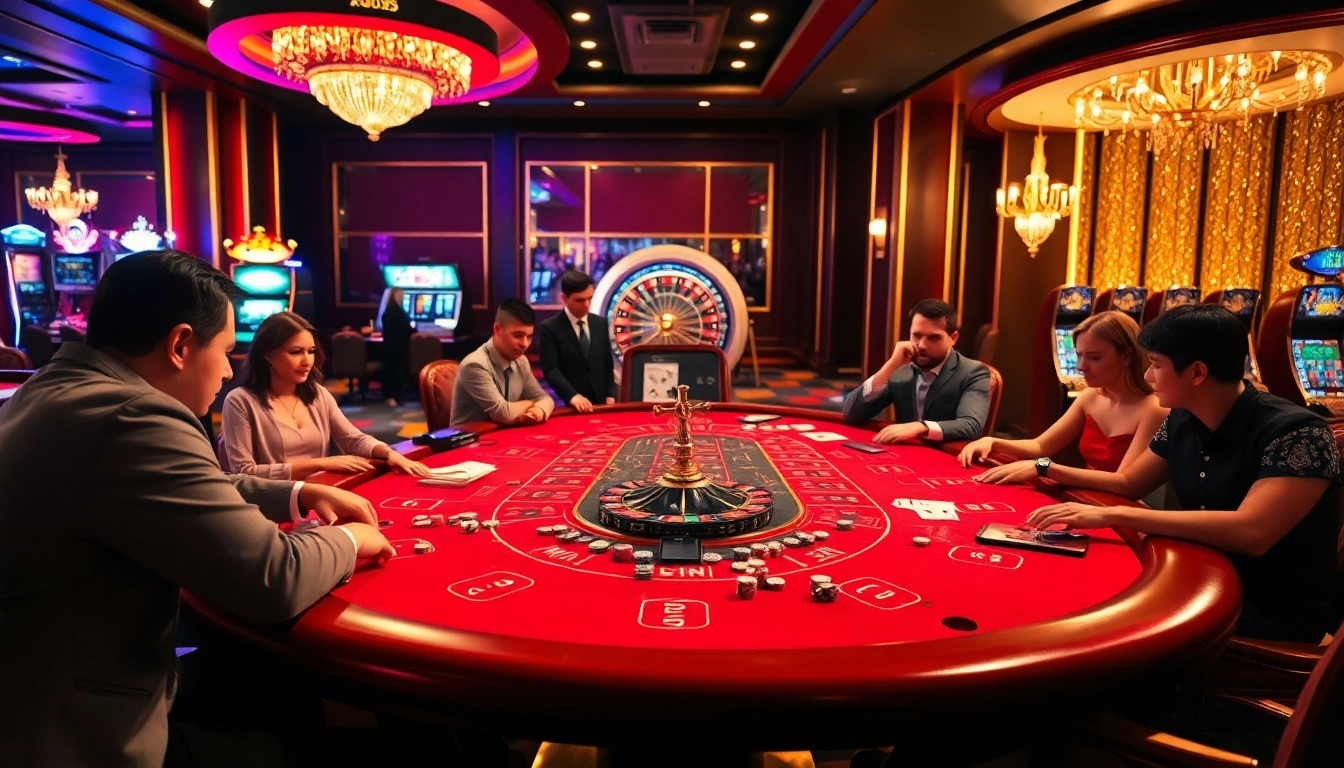 Un jeu de baccarat palpitant dans un meilleur casino en ligne, mettant en valeur des joueurs engagés avec des jetons colorés et des cartes.