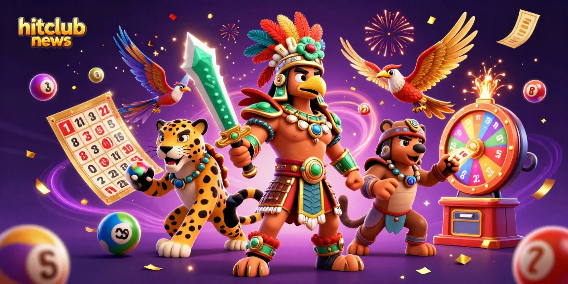 Engage with hitclubnews and experience the excitement of gambling in a dynamic Aztec-themed illustration.