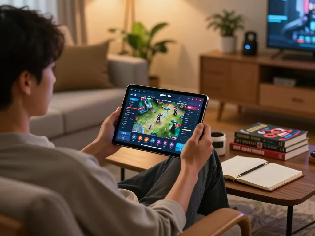 Player engaging with gajah toto on tablet at home with cozy ambiance and strategy materials.