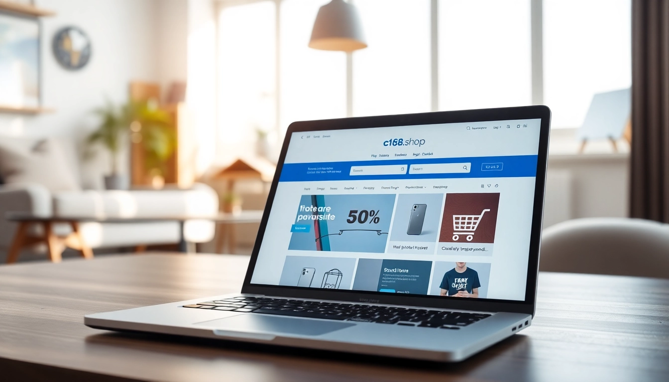 Showcase c168.shop online shopping with a modern laptop interface in a stylish home office.