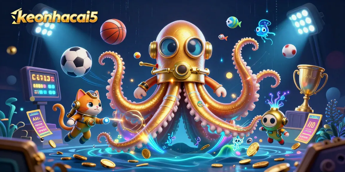 Engage with keonhacai5 and dive into thrilling sports betting action featuring a dramatic kraken and iconic symbols.