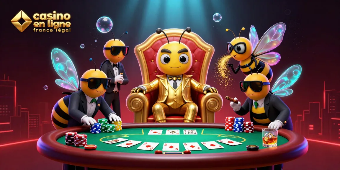 Illustration dynamique d'un casino en ligne France légal avec un boss abeille et des éléments de poker.