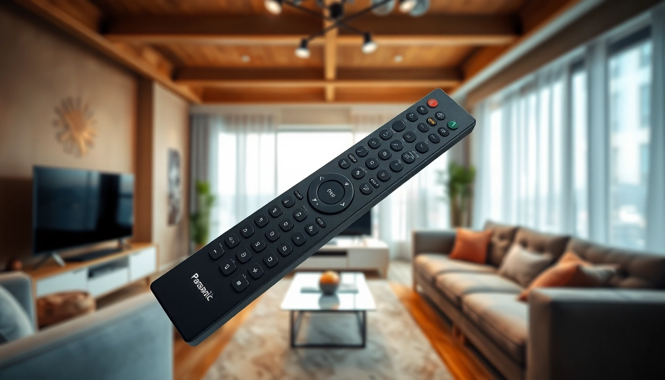 Ersatz Fernbedienung Panasonic auf einem eleganten Wohnzimmersofa präsentiert.