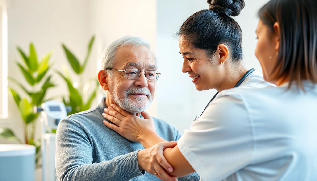 Physiotherapy near me: A caring therapist helps an elderly patient in a welcoming clinic environment.