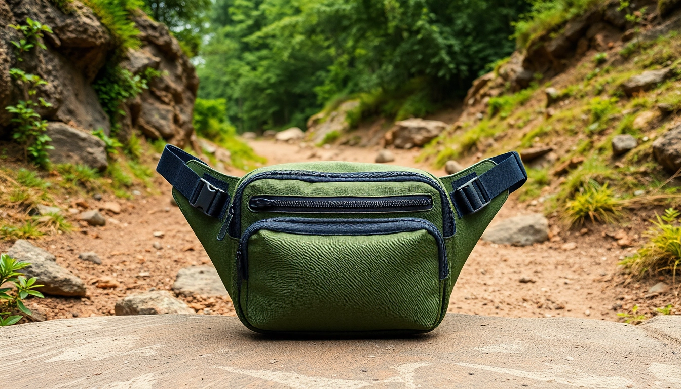 Showcase a versatile waist pack designed for outdoor activities on a rugged trail.