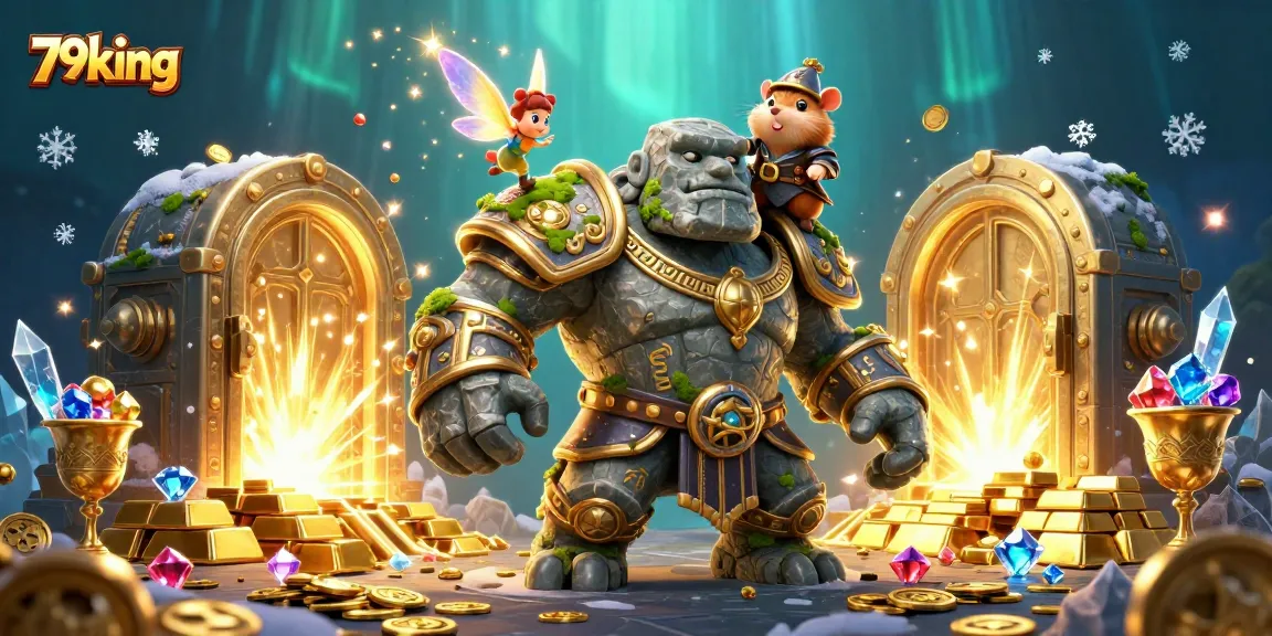 Experience the thrill at 79king with golden treasures and magical guardians in a vibrant casino scene.