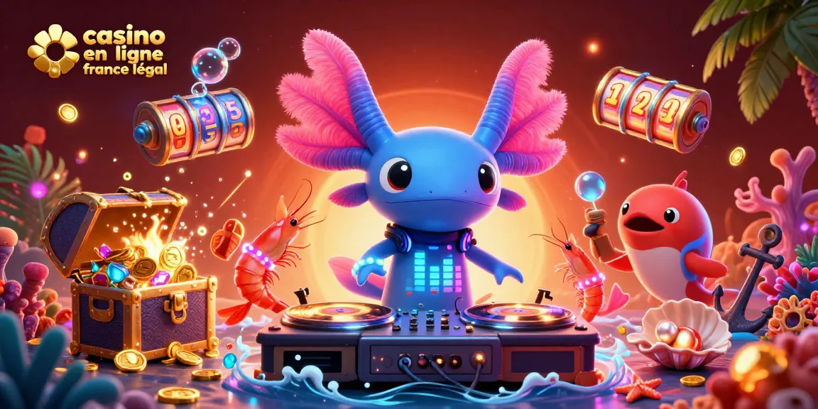 Plongez dans l'univers du casino en ligne légal en France avec un DJ axolotl vibrant entouré de personnages marins animés.
