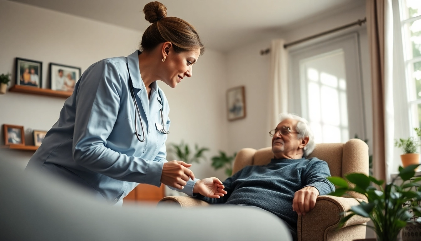 Senior care austin tx with compassionate caregiver supporting a senior man in a cozy living room.