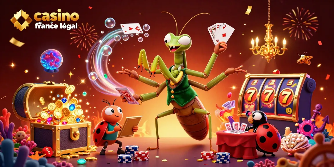 Jouez au casino en ligne France légal avec une illustration dynamique et colorée montrant des personnages de casino.