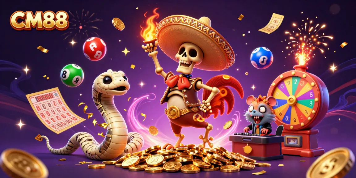 Experience thrilling wins at CM88 with a lively 3D casino scene featuring vibrant characters and dynamic elements.