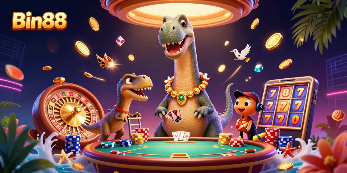 Experience the excitement of Bin88 casino as cartoon dinosaurs engage in lively gaming.