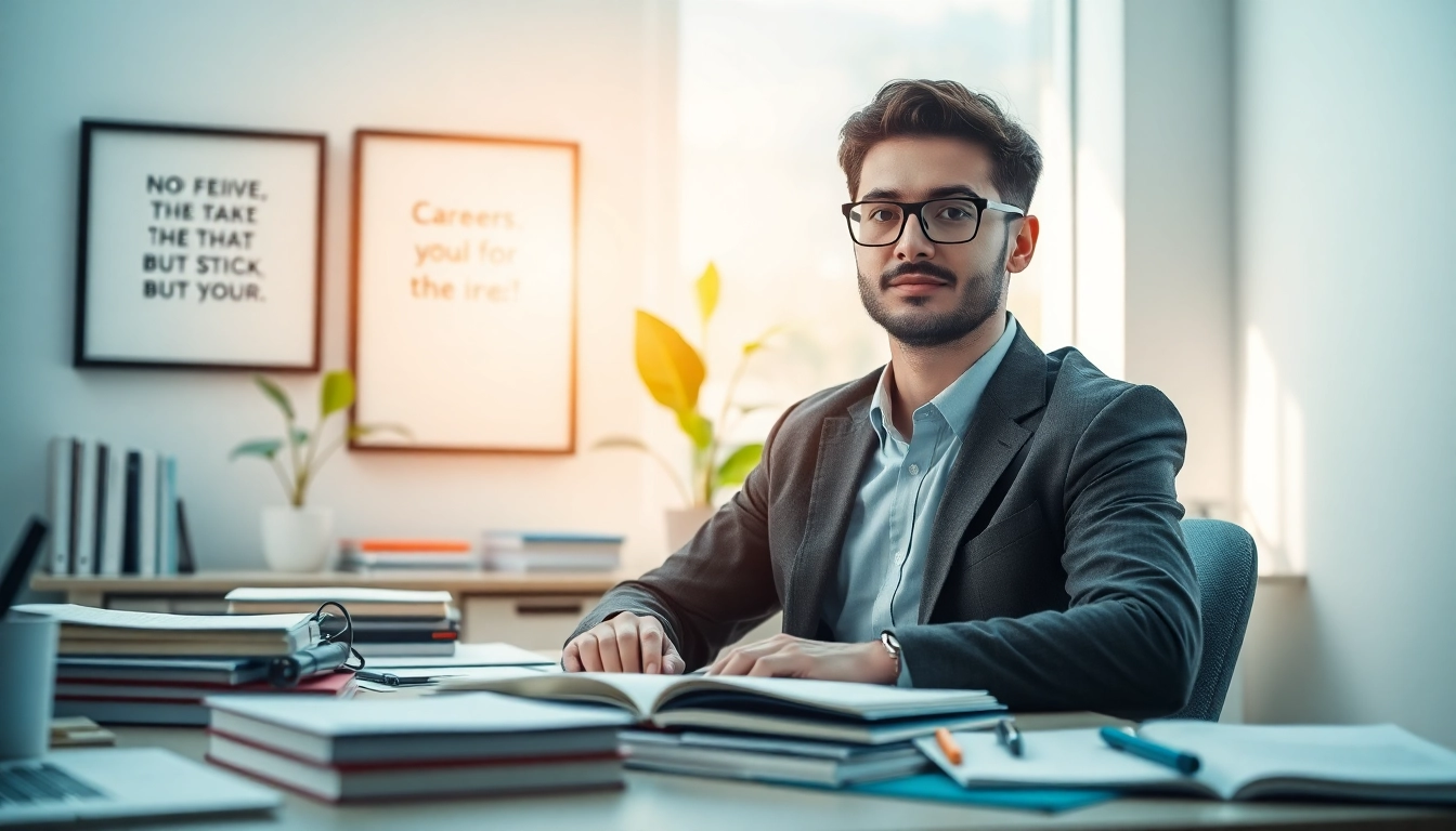 Find my true calling illustrated by a professional at a desk surrounded by inspiring career materials.