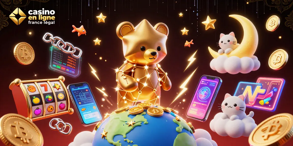 Plongez dans l'univers du casino en ligne France légal avec une illustration captivante de personnages et éléments de jeu.