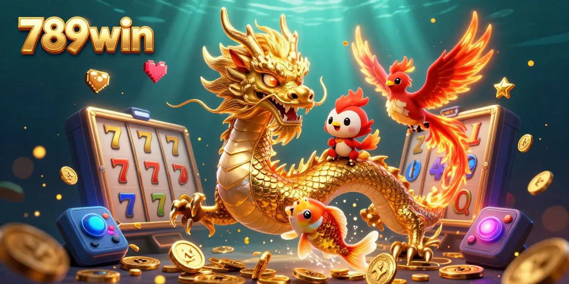 Experience the thrill of winning with 789win's dynamic casino illustration featuring a dragon, phoenix, and koi fish.